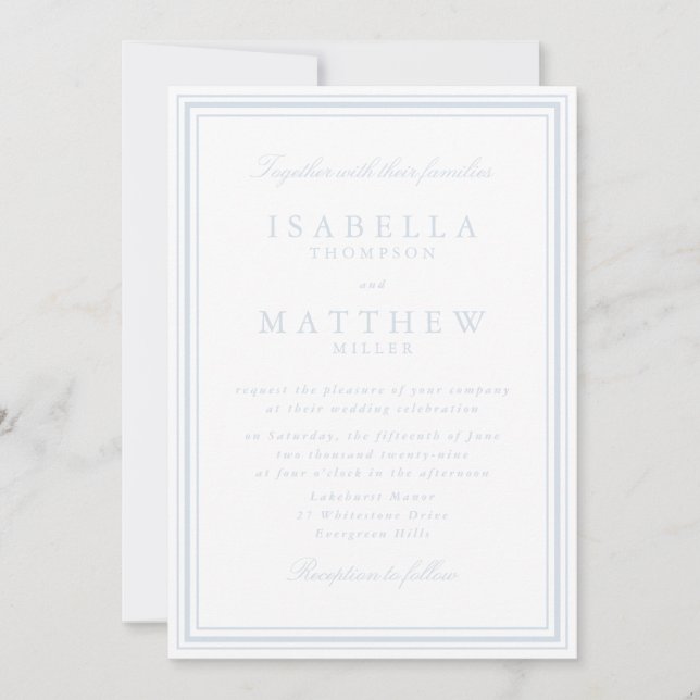 Convite de Casamento com Moldura Azul Suave (Frente)