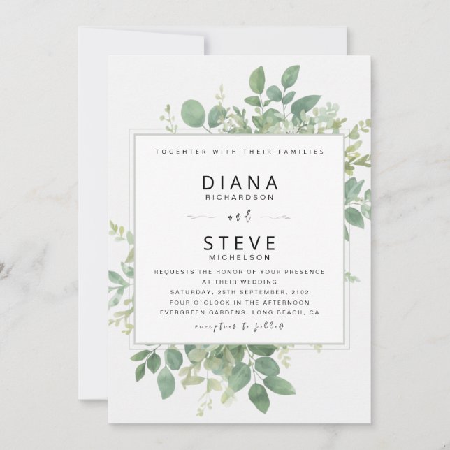 Convite de Casamento com Moldura Botânica em Verde (Frente)
