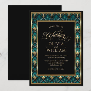 Convite de Casamento com Moldura Dourada Art Déco 