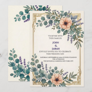 Convite de Casamento com Moldura Dourada de Eucali