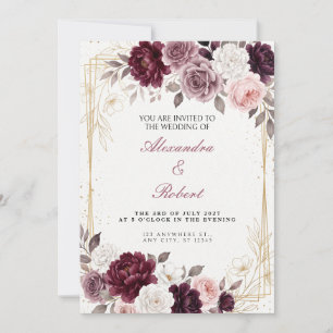 Convite de Casamento com Moldura Dourada de Peônia