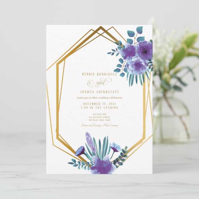 Convite de Casamento com Moldura Dourada e Floral  (Em pé/Frente)