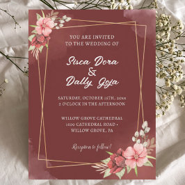 Convite de Casamento com Moldura Dourada e Floral