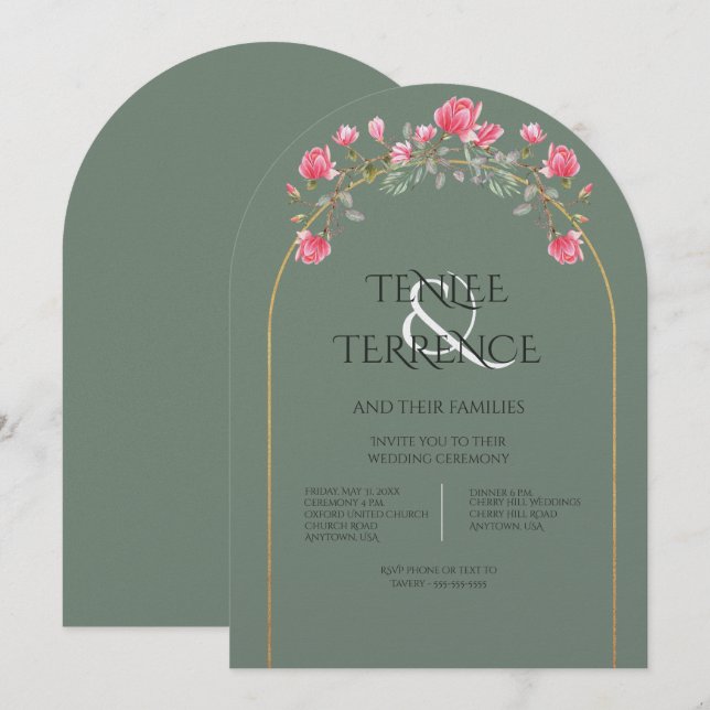 Convite de Casamento com Moldura Dourada e Flores  (Frente/Verso)