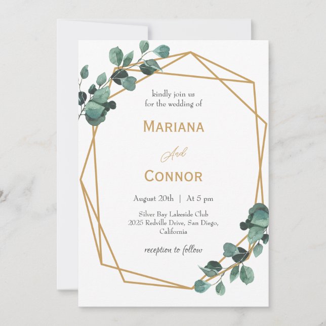 Convite de Casamento com Moldura Dourada e Vegetaç (Frente)