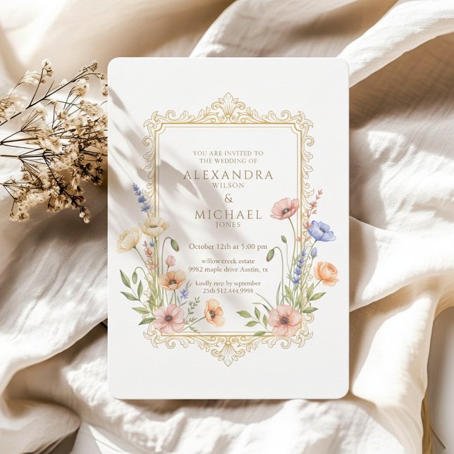 Convite de Casamento com Moldura Dourada Floral El (Luxury floral wedding invitation inspired by classic European elegance)
