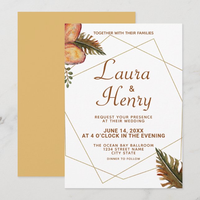 Convite de Casamento com Moldura Dourada Floral Ou (Frente/Verso)