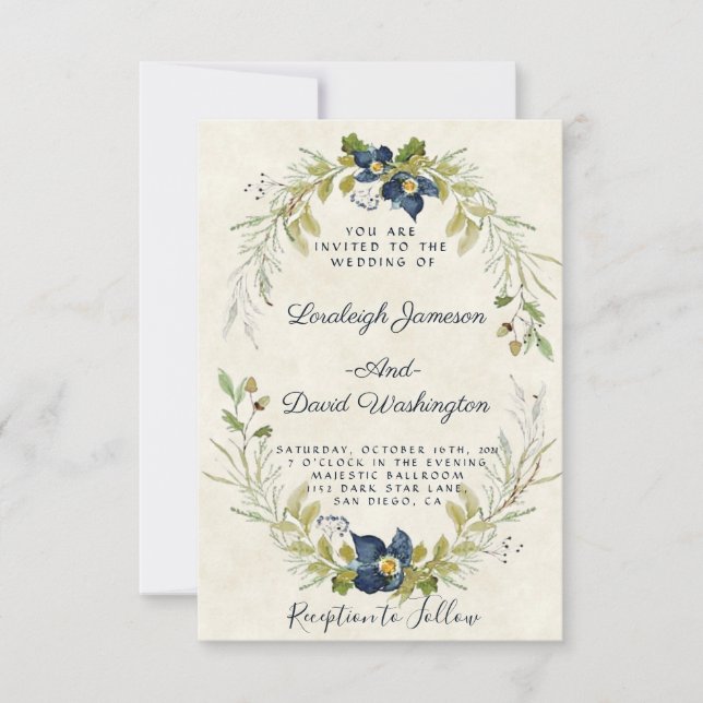 Convite de casamento com moldura floral azul (Frente)