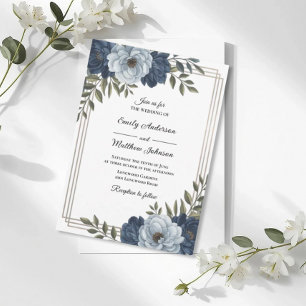 Convite de Casamento com Moldura Floral Azul Escur