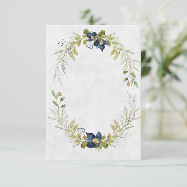 Convite de casamento com moldura floral azul Orçam (Em pé/Frente)
