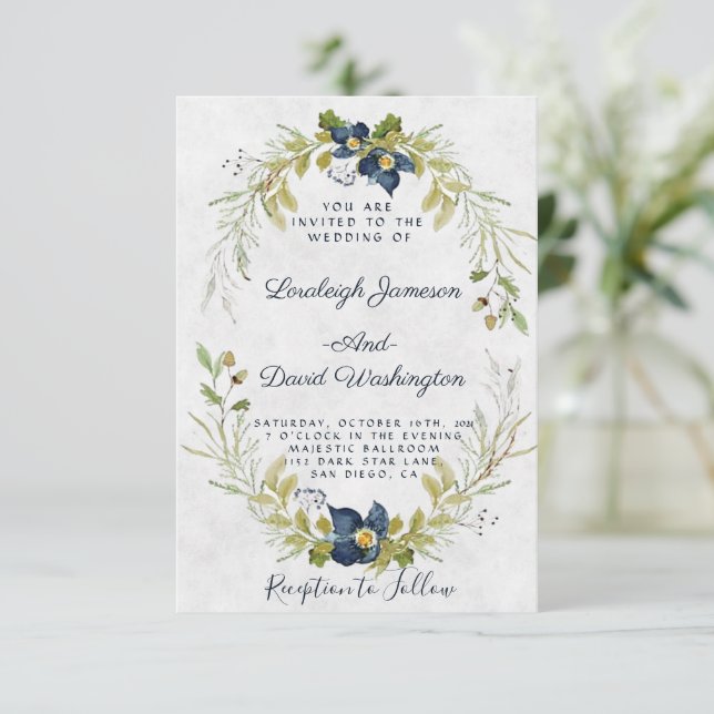 Convite de casamento com moldura floral azul orçam (Em pé/Frente)
