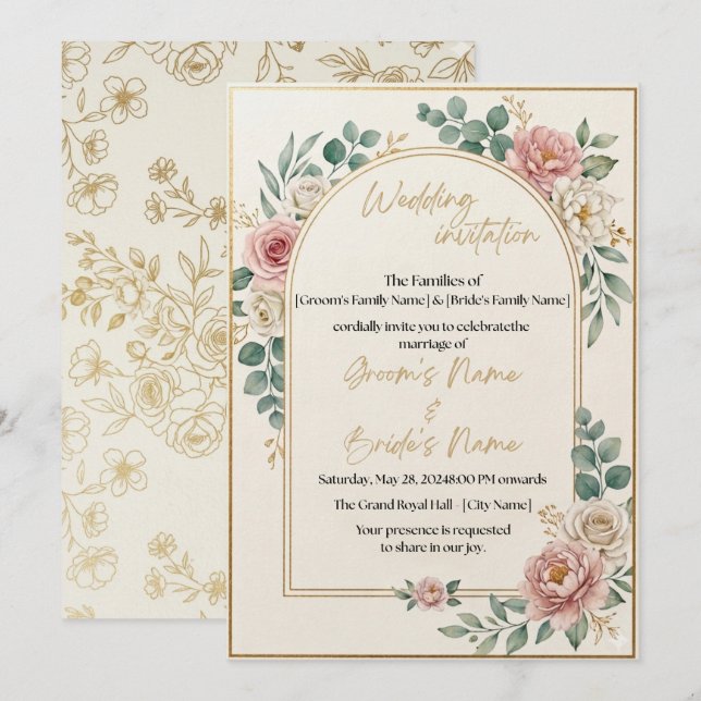 Convite de Casamento com Moldura Floral de Luxo (Frente/Verso)