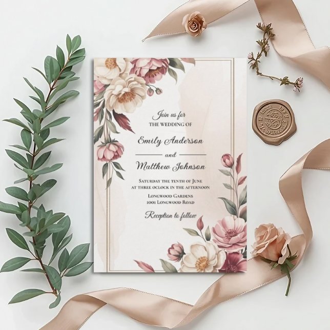 Convite de Casamento com Moldura Floral em Aquarel (Criador carregado)