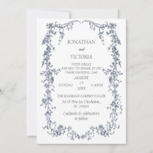 Convite de Casamento com Moldura Floral em Azul Po