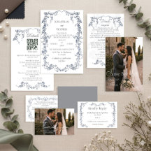 Convite de Casamento com Moldura Floral em Azul Po
