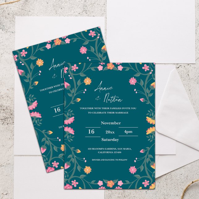 Convite de Casamento com Moldura Floral Intrincada (Green Intricate Floral Frame Wedding Invitation)