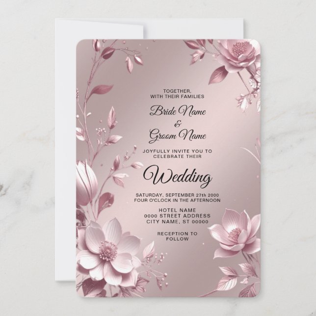 Convite de Casamento com Moldura Floral Rosa Delic (Frente)