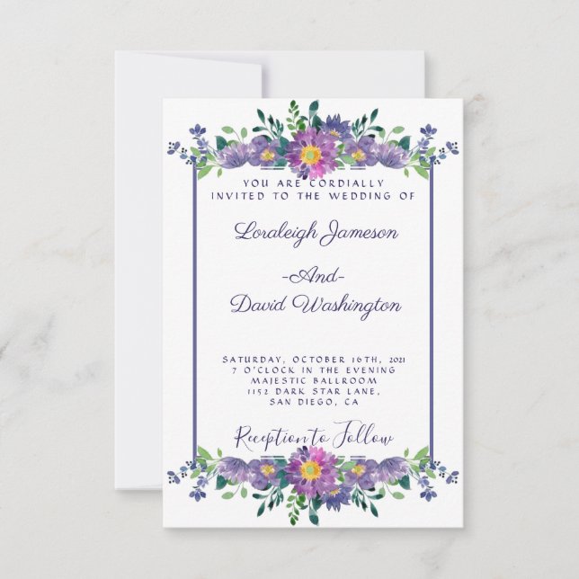 Convite de casamento com moldura floral roxa (Frente)