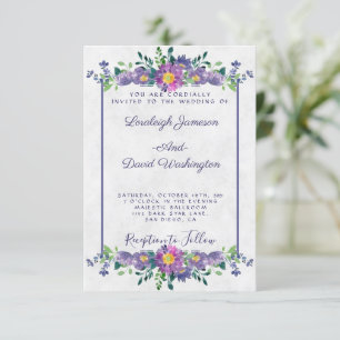 Convite de casamento com moldura floral roxa Orçam