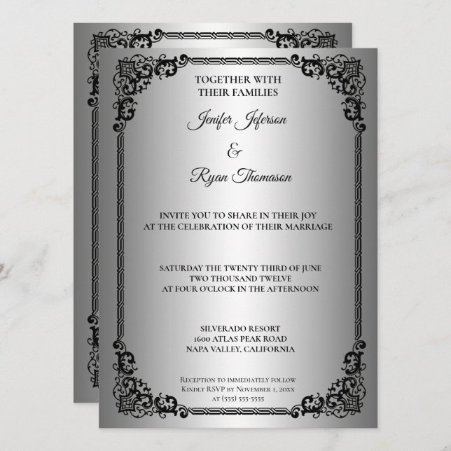 Convite de casamento com moldura moderna elegante (Frente/Verso)