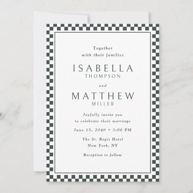 Convite de Casamento com Moldura Preta Xadrez (Frente)