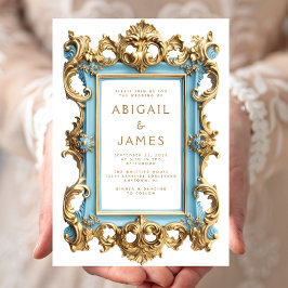 Convite de Casamento com Moldura Vintage Rococó Az