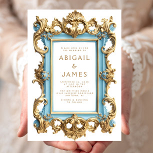 Convite de Casamento com Moldura Vintage Rococó Az
