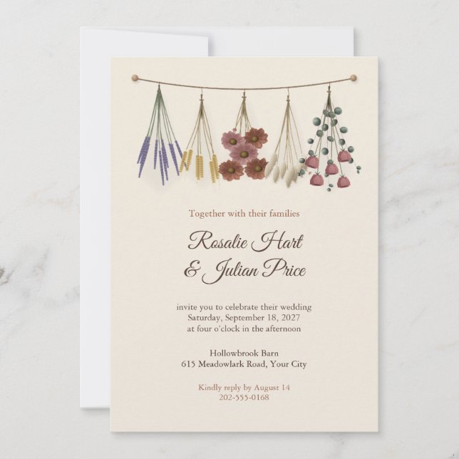 Convite de Casamento com Molhos de Flores Secas Pe (Frente)