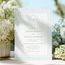 Convite de Casamento com Monograma Azul e Sage Ele