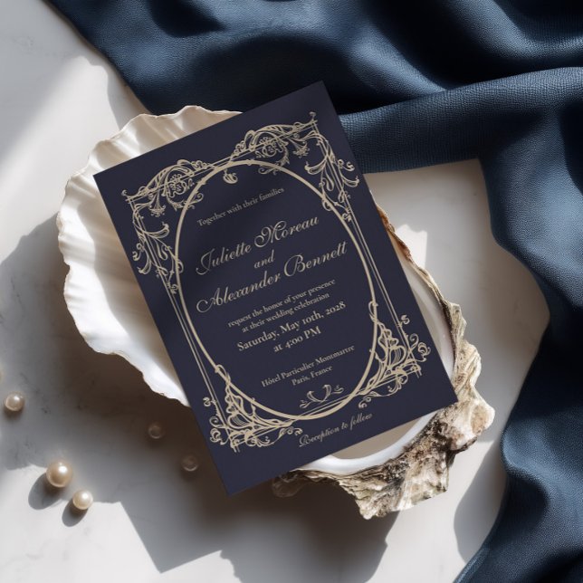 Convite de Casamento com Monograma Barroco em Azul (Criador carregado)