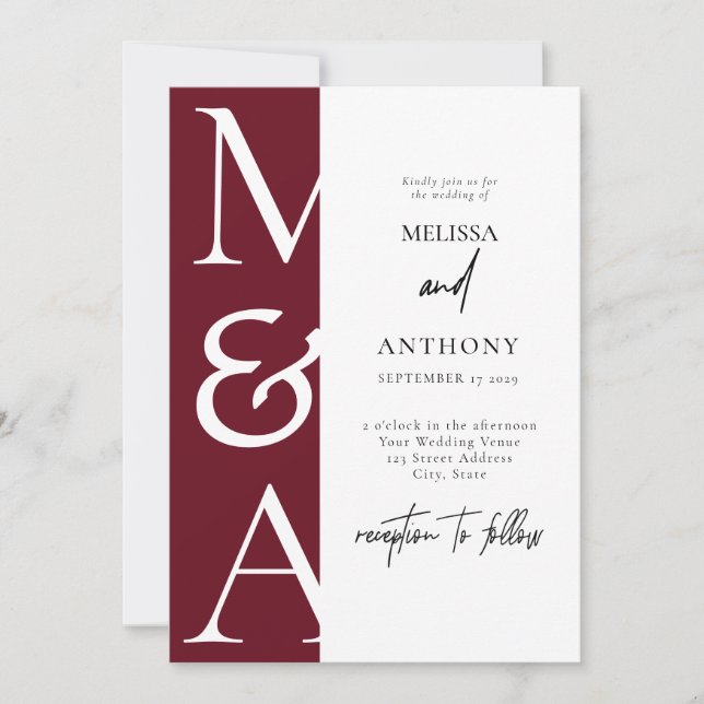 Convite de Casamento com Monograma Borgonha (Frente)