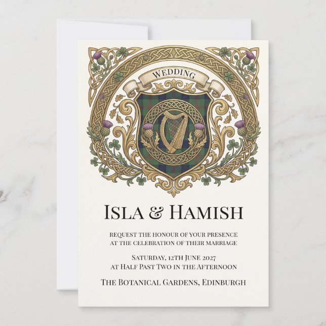 Convite de Casamento com Monograma Celta Dourado (Frente)