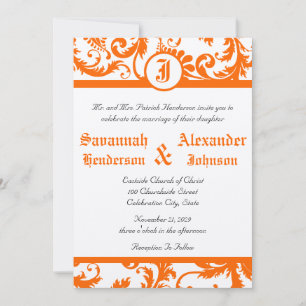 Convite de Casamento com Monograma Damask Laranja
