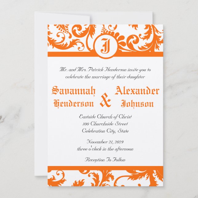 Convite de Casamento com Monograma Damask Laranja (Frente)