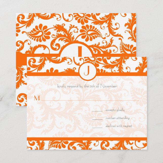 Convite de Casamento com Monograma Damask Laranja (Frente/Verso)