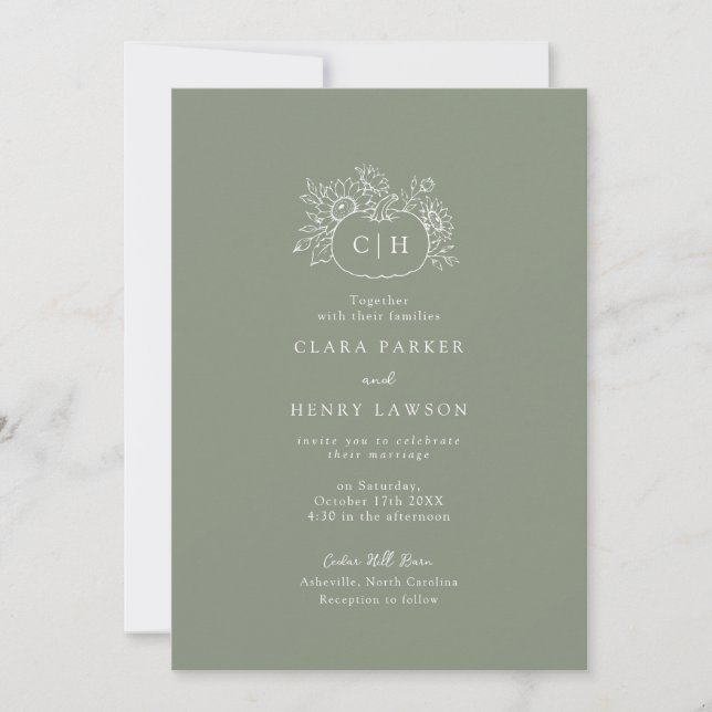 Convite de Casamento com Monograma de Abóbora em V (Frente)