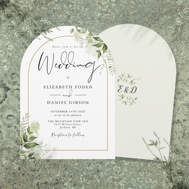 Convite de Casamento com Monograma de Arco Floral  (Rustic Greenery Floral Gold Arch Monogram Wedding Invitation)