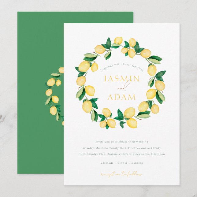 Convite de Casamento com Monograma de Coroa de Lim (Frente/Verso)