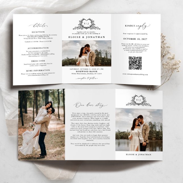 Convite de Casamento com Monograma de Crista Minim (Modern Minimalist Crest monogram QR code photo Wedding Invite)