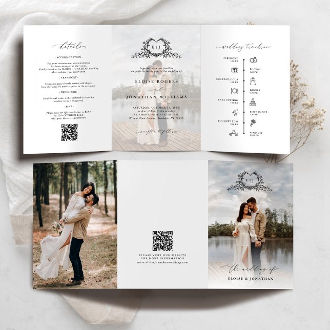 Convite de Casamento com Monograma de Crista Minim (Modern Minimalist Crest monogram tri fold photo Wedding Invite / announcement with QR code timeline)
