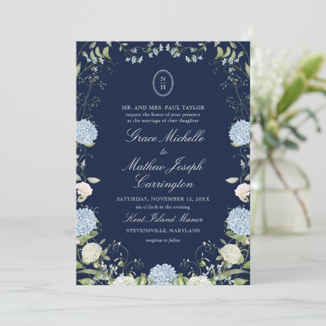 Convite de Casamento com Monograma de Hortênsia Az (Em pé/Frente)