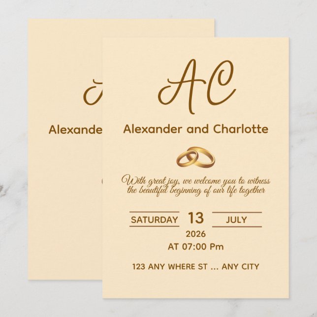 Convite de Casamento com Monograma Dourado (Frente/Verso)