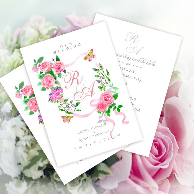 Convite de Casamento com Monograma e Fita de Rosa  (Elegant Pink Rose Ribbon Monogram Invitation Card.)