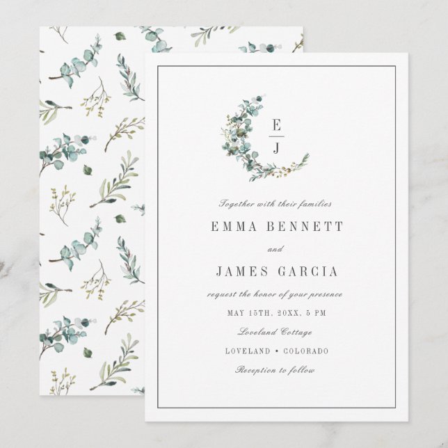 Convite de Casamento com Monograma em Coroa de Euc (Frente/Verso)