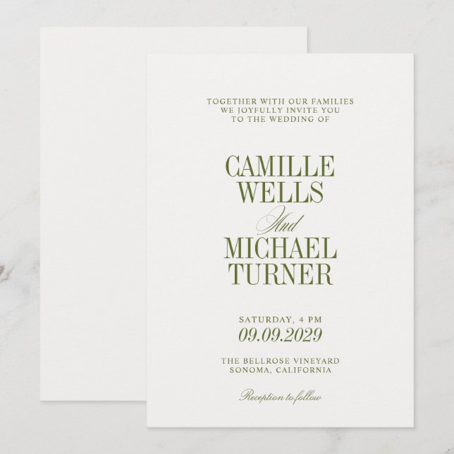Convite de Casamento com Monograma em Oliva Elegan (Frente/Verso)
