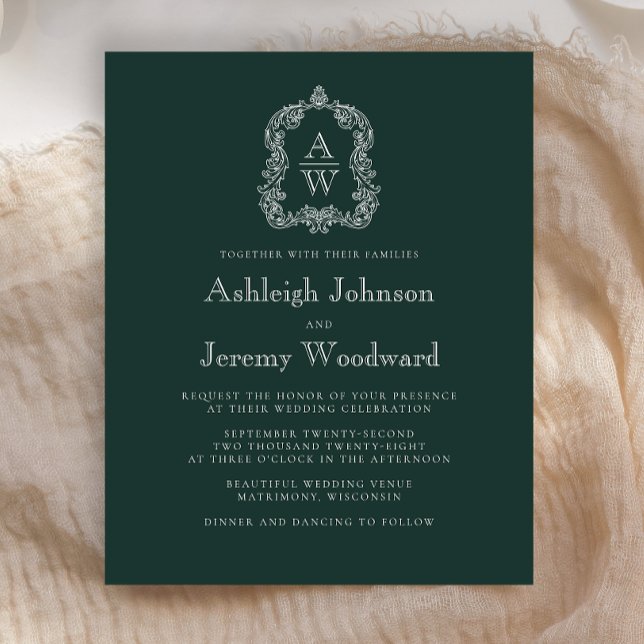 Convite de Casamento com Monograma em Verde Flores (Criador carregado)