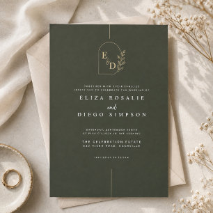 Convite de Casamento com Monograma em Verde Oliva