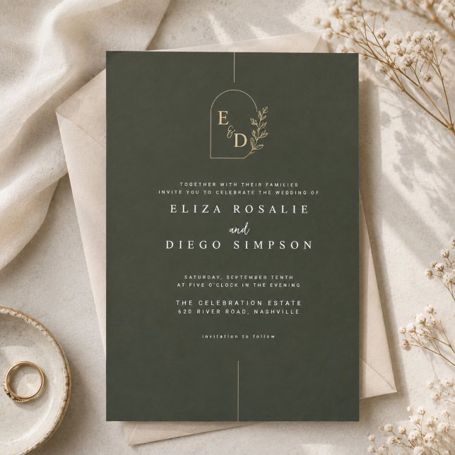 Convite de Casamento com Monograma em Verde Oliva  (Criador carregado)