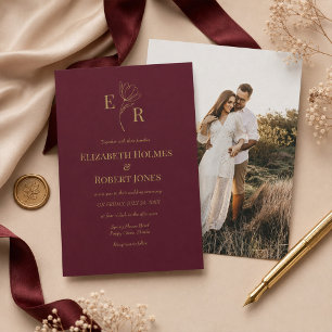 Convite de Casamento com Monograma Floral Borgonha