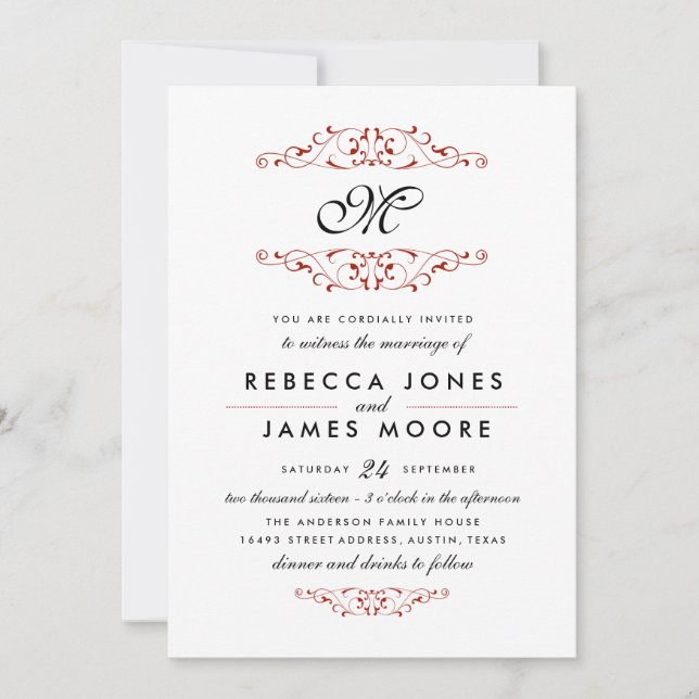 Convite de Casamento com Monograma Florido em Verm (Frente)